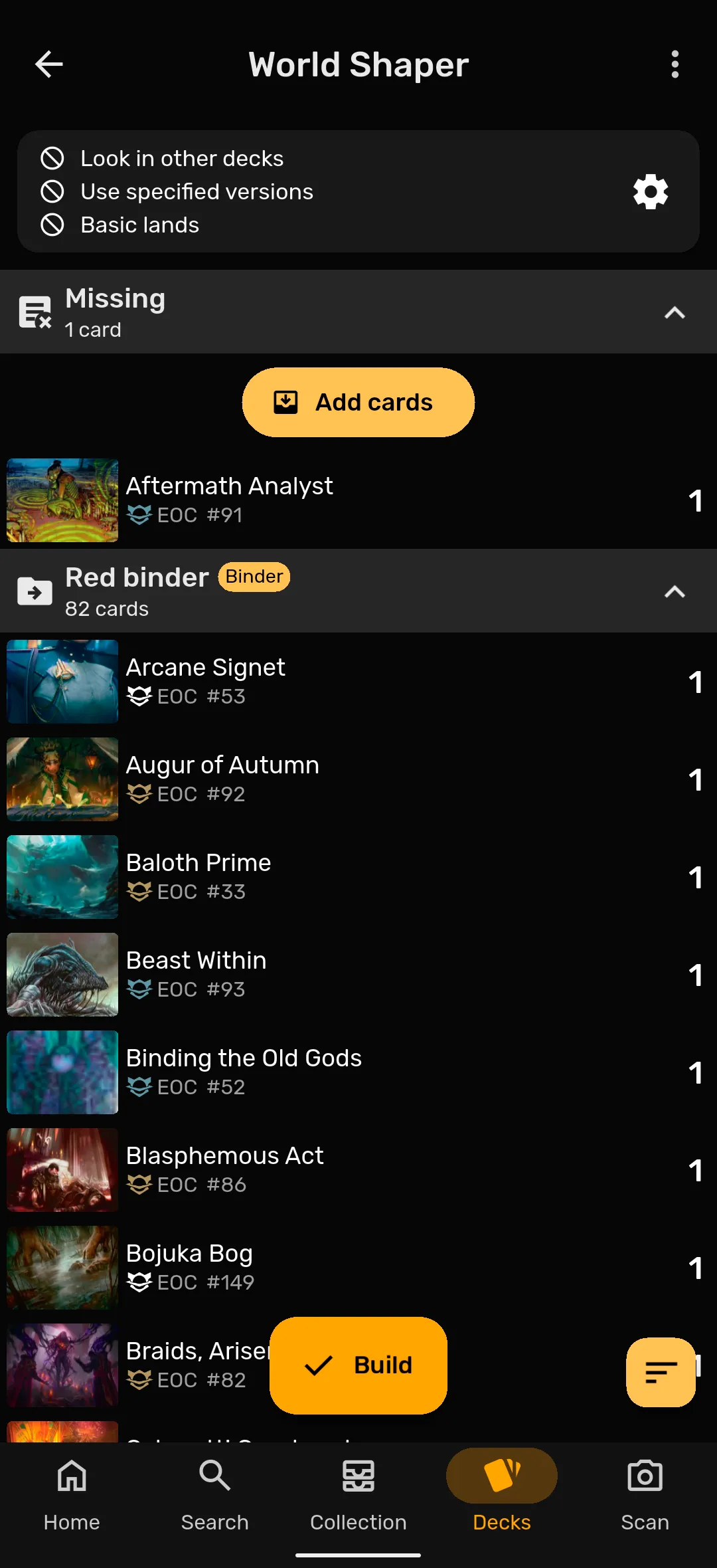 Deck builder menu