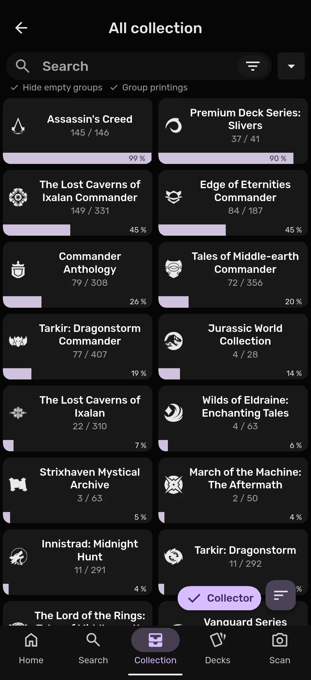 Collector mode grouping by set